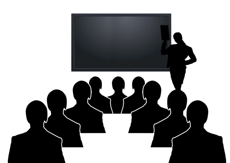 a man giving a presentation to a group of people, a picture, by Allen Jones, pixabay, academic art, black silhouette, large screens, as a strict school teacher ), isolated on white background