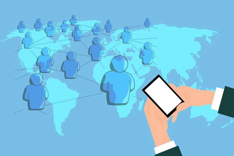 a person holding a smart phone in front of a world map, an illustration of, conceptual art, groups of people, marketing illustration, connections, excellent detail