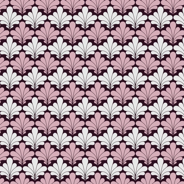 a pattern of white and pink flowers on a purple background, art nouveau, bargello pattern, style of masami kurumada, plume made of geometry, 3 colour