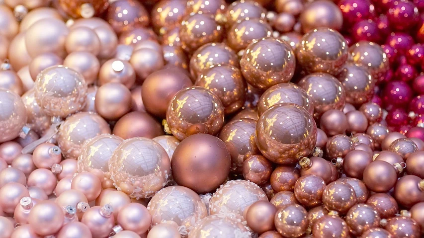 a pile of christmas ornaments sitting on top of each other, a picture, inspired by Perle Fine, baroque, rose gold, [ bubbles, with soft pink colors, pearls