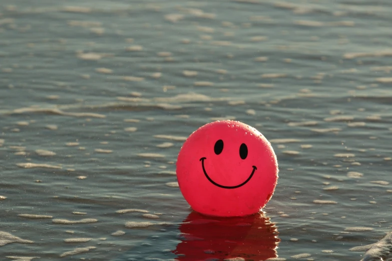 a pink ball with a smiley face in the water, a picture, flickr, red colored, happy and smiling, stick, calm weather