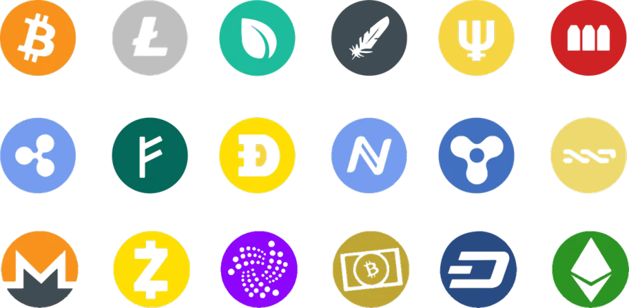 a bunch of different colored bitcoins on a black background, a screenshot, by Daren Bader, altermodern, coin with the letter n, icons, doge, app icon