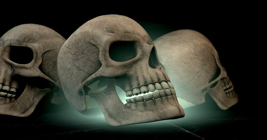 a group of three skulls sitting next to each other, a digital rendering, digital art, high quality fantasy stock photo, computer generated, spotlight, holes in the lower jaw