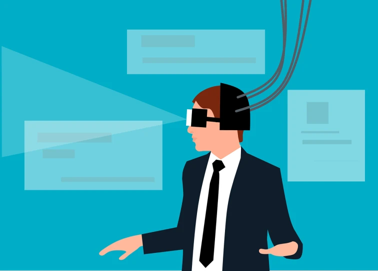 a man in a suit and tie wearing a blindfold, a digital rendering, inspired by Emiliano Ponzi, shutterstock, cables connected to head, smooth illustration, virtual installation, wikihow illustration