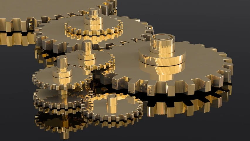 a group of golden gears sitting on top of a black surface, a 3D render, by William Gear, precisionism, on a reflective gold plate, metalic reflections, puzzling, made in maya and photoshop