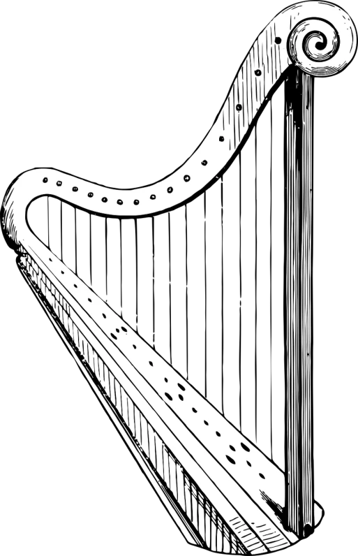 a black and white drawing of a harp, lineart, inspired by Oskar Lüthy, digital art, high - contrast, digitally enhanced, straps, computer wallpaper