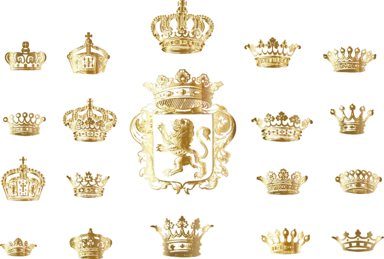 a bunch of gold crowns on a black background, digital art, by Dirck van Delen, deviantart, baroque, family crest, set 1 8 6 0, 3 d models, screen cap