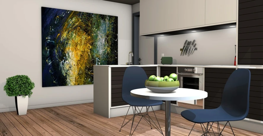 a bowl of apples sitting on top of a table, a 3D render, pixabay, metaphysical painting, inside a modern apartment, small kitchen, interior of a loft, kitchenette and conferenceroom