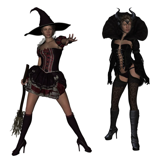 a couple of women standing next to each other, inspired by Samuel Hieronymus Grimm, dark sorceress fullbody pose, daz, stockings and a tricorn hat, full res