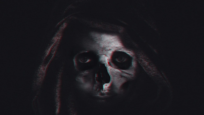 a black and white photo of a person in a hoodedie, digital art, Artstation, scary color art in 4 k, skull protruding from face, dark robed, three eyed