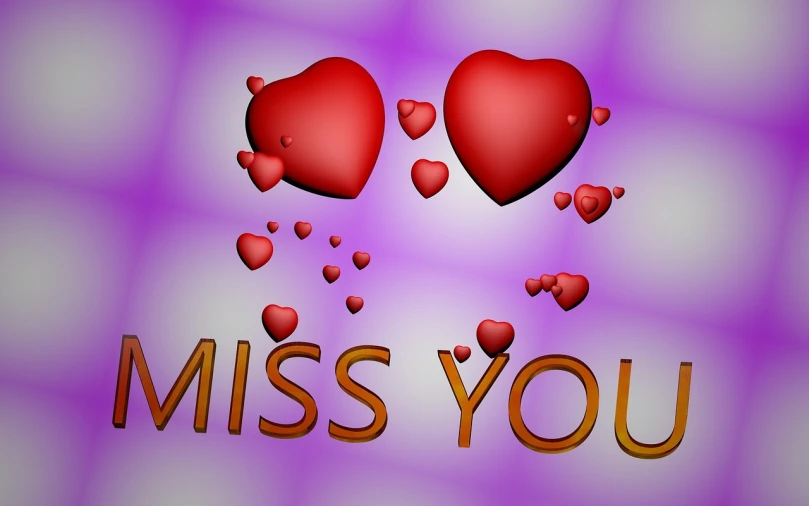 a purple background with hearts and the words miss you, a photo, very sharp photo, smooth in _ the background, hd photo, flying