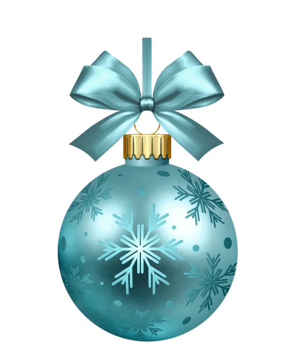 a blue christmas ornament with a bow and snowflakes, a digital rendering, on a flat color black background, background image, various posed, clipart