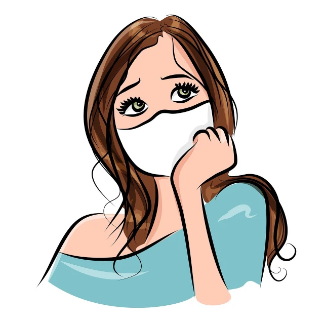 a woman with a face mask covering her mouth, an illustration of, shutterstock, figuration libre, attractive brown hair woman, sticker illustration, full color illustration, tear