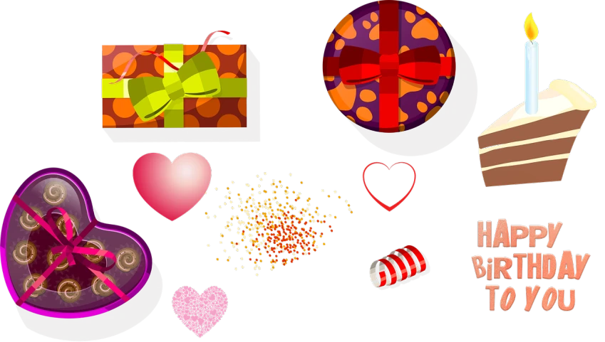 a bunch of birthday items on a black background, by Valentine Hugo, trending on pixabay, pop art, (heart), spritesheet, giving gifts to people, beads