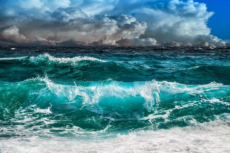 a man riding a surfboard on top of a wave in the ocean, a stock photo, shutterstock, fine art, dramatic clouds cyan atmosphere, wallpaper - 1 0 2 4, beautiful iphone wallpaper, fractal waves