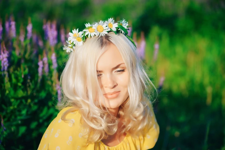 a woman with a flower crown on her head, a portrait, by Igor Grabar, shutterstock, chamomile, shoulder - length blonde hair, joyful look, bright scene