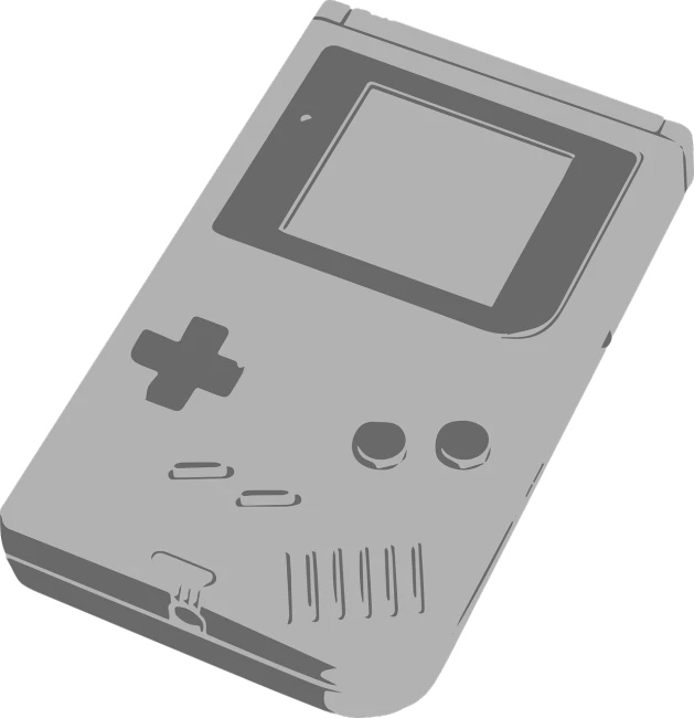 a gameboy sitting on top of a table, an ambient occlusion render, pixabay, pixel art, steel gray body, front cover of a new video game, lineart behance hd, video game cover