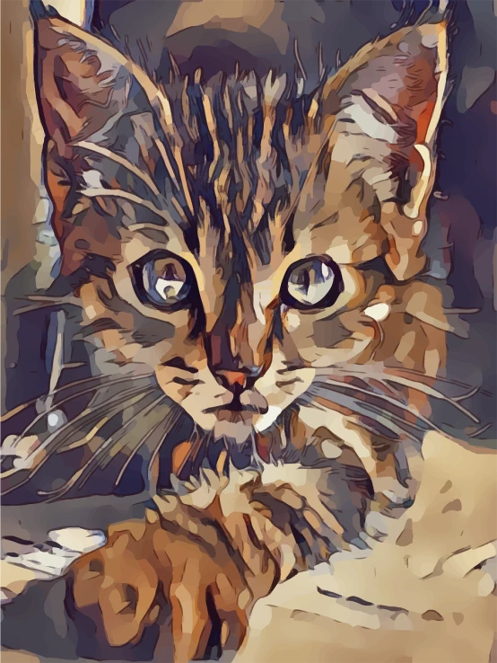 a close up of a cat laying on a couch, a digital painting, by Brian Thomas, shutterstock, !!! very coherent!!! vector art, stylistic painting, portrait of a kitten, high angle close up shot