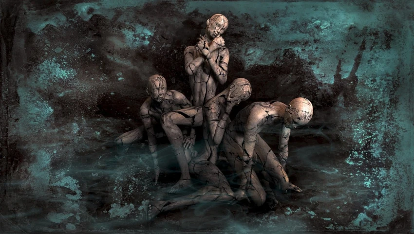 a group of naked men standing next to each other, concept art, inspired by Nicola Samori, figurative art, submerged on titan, entwined bodies, four faces in one creature, they are crouching
