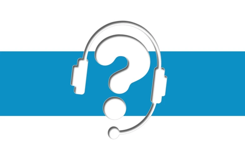 a headset with a question mark on it, an illustration of, hurufiyya, white background!!!!!!!!!!, high quality product image”, working in a call center, with a blue background