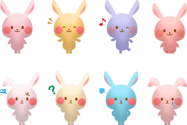 a group of cartoon animals standing next to each other, inspired by Kanbun Master, rabbit_bunny, 6 colors, ██full of expressions██, pearlescent skin