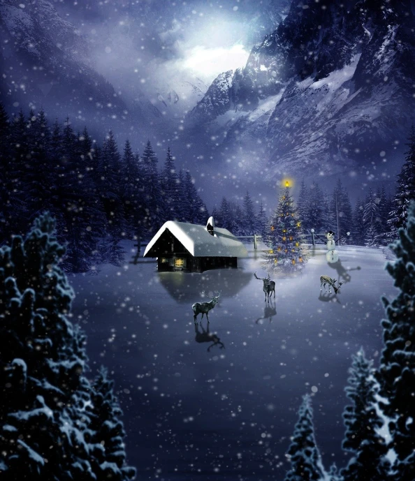 a small cabin in the middle of a snowy forest, magical realism, deers drinking water in the lake, christmas night, very beautiful photo, iphone background