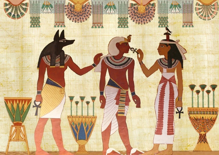 a group of egyptian men standing next to each other, egyptian art, shutterstock, portrait of anubis, hermetic, mural, papyrus