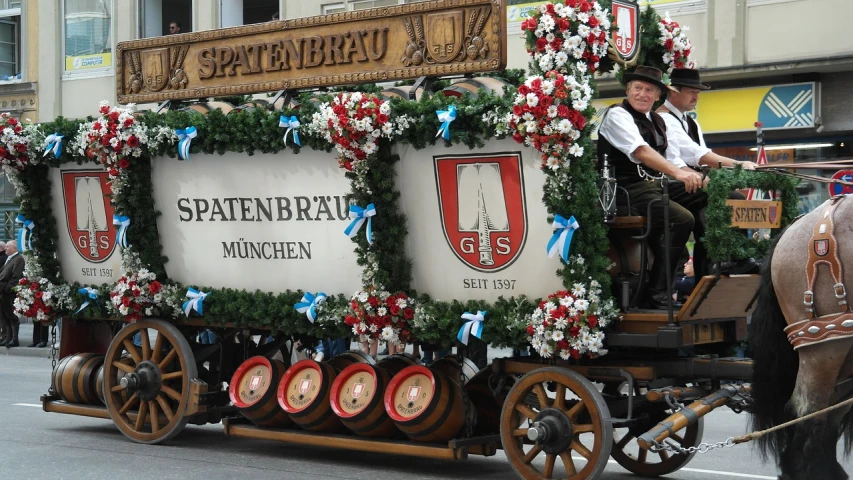 a man riding on the back of a horse drawn carriage, by Werner Gutzeit, shutterstock, beer advertisement, parade setting, malt, sbt