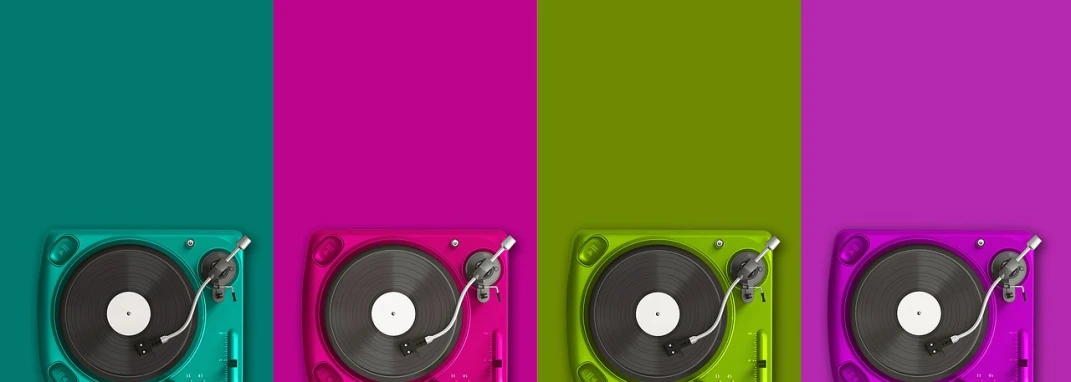 a group of turntables sitting next to each other, inspired by William Harnett, trending on pixabay, pop art, green and pink, two colors, wide views, magenta colours