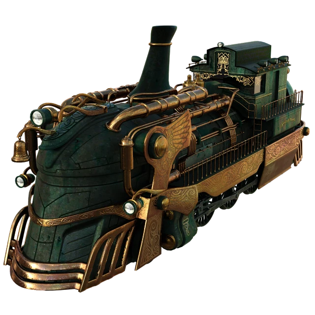 a close up of a train on a black background, by Artur Tarnowski, polycount contest winner, renaissance, green steampunk lasers, ornate gilded cosmic machine, 3 d render of jerma 9 8 5, heavy jpeg artifact