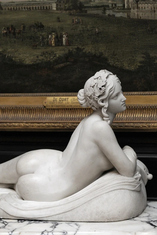 a statue of a woman laying down in front of a painting, a marble sculpture, by Antoine Verney-Carron, flickr, rococo, detail, erotic, exhibant au naturel, bath