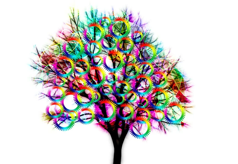 a multicolored tree on a white background, a raytraced image, by Anton Solomoukha, gears and lights, machine.delusions, arbor, gearwheels