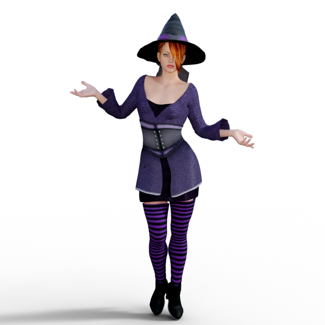 a 3d rendering of a woman dressed in a witch costume, a 3D render, inspired by Chica Macnab, purple outfit, fbx, felicia day, full body pictures