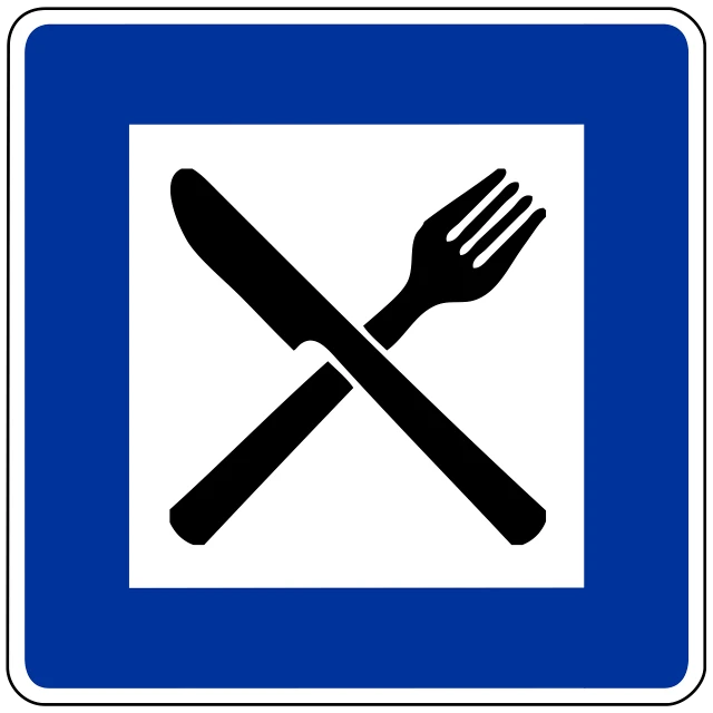 a blue and white sign with a fork and knife, by Andrei Kolkoutine, pixabay, plasticien, highways, military, chef table, indigenous