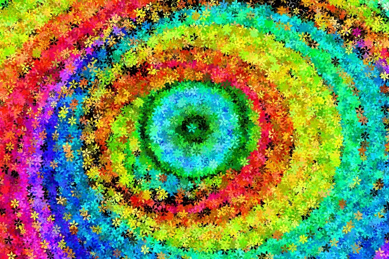 a close up of a painting of a spiral, a pointillism painting, by George Aleef, psychedelic art, explosion of colorful flowers, fine art america, high definition. digital art, rainbow background