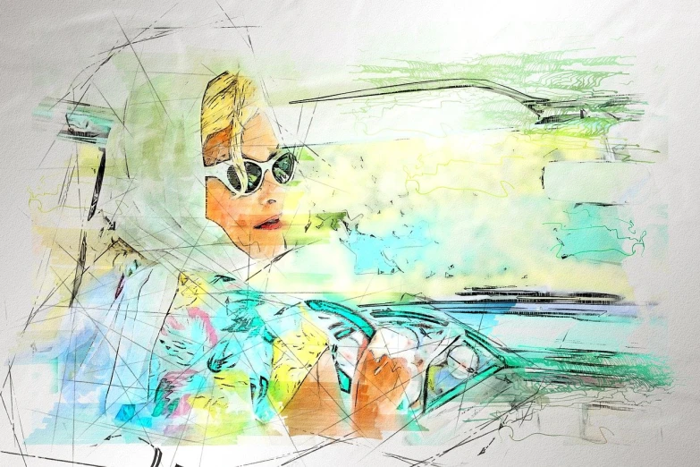 a drawing of a woman driving a car, inspired by mads berg, digital art, hd 3d mixed media collage, with sunglass, colorful sketch, blonde woman