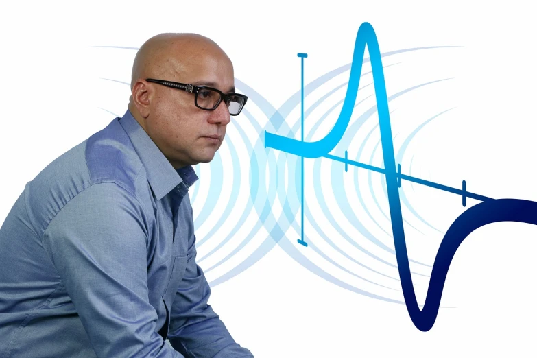 a man that is sitting down with a laptop, an album cover, inspired by Leo Leuppi, analytical art, bezier curve, radio signals, background is white, man with glasses