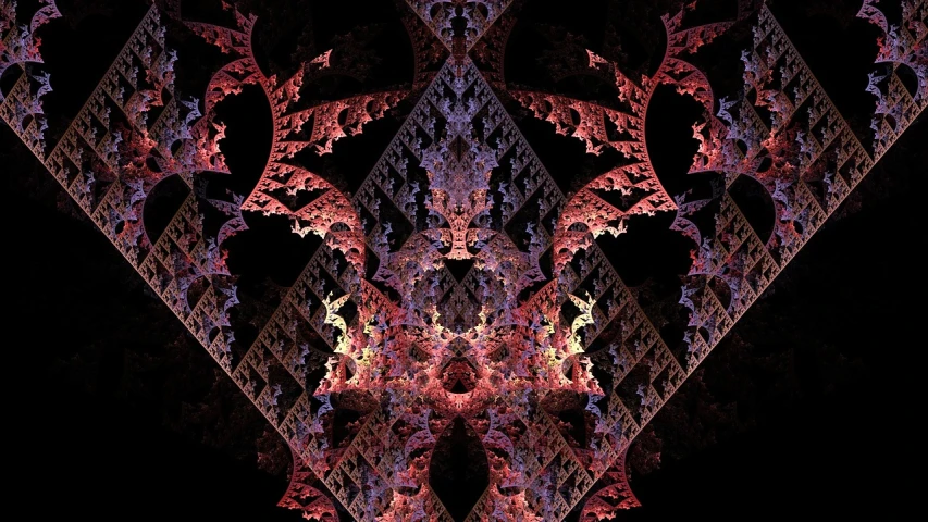a close up of a pattern on a black background, a digital rendering, inspired by Benoit B. Mandelbrot, cg society contest winner, intricate gothic bones and meat, fractal!!!!!!!, symmetrical fantasy landscape, prince crown of pink gears