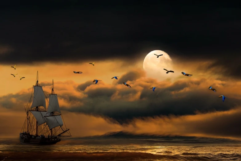 a boat floating on top of a body of water under a full moon, digital art, pixabay contest winner, romanticism, birds on sky, pirate ships, portrait shot, sand sea