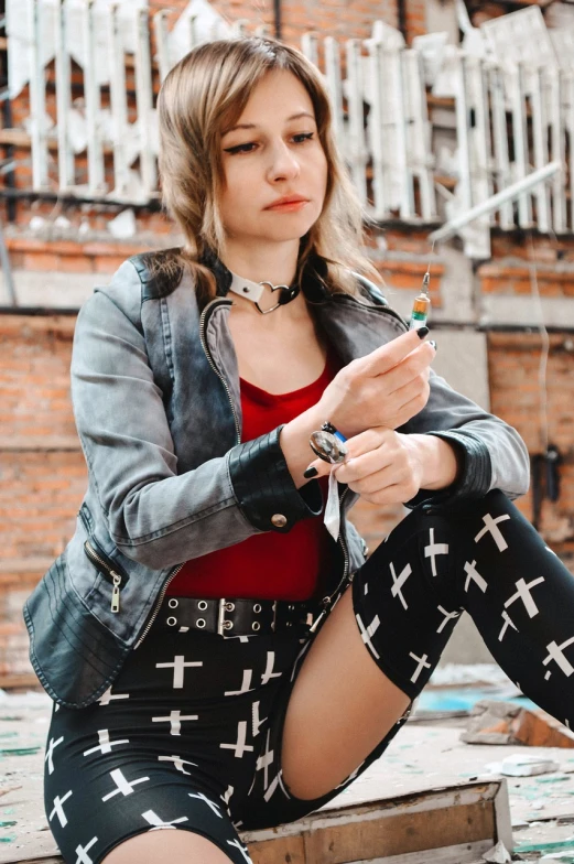 a woman sitting on a bench smoking a cigarette, by Amelia Peláez, trending on pexels, graffiti, wearing detailed leather collar, solar punk product photo, posing with crossed arms, joey king