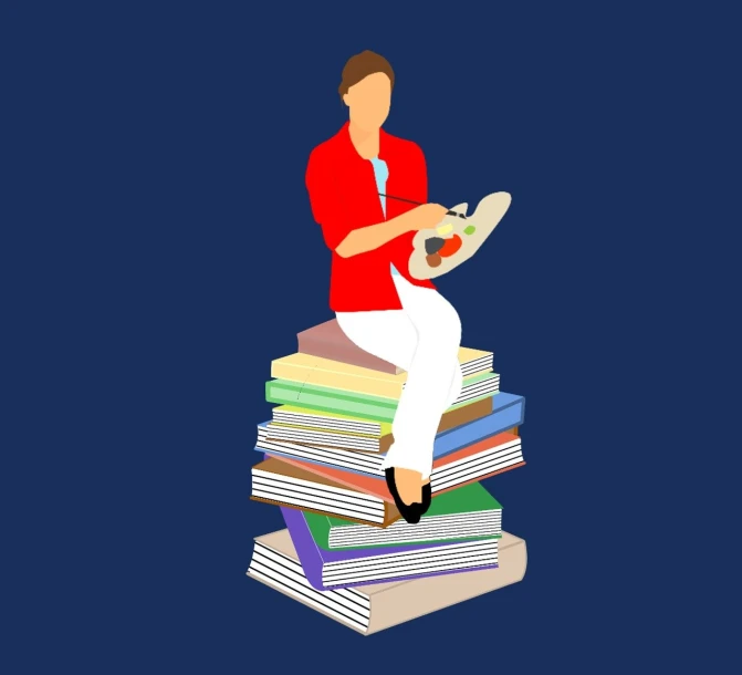 a man sitting on top of a pile of books, a storybook illustration, academic art, painting of a woman, lineless, with a blue background, wikihow illustration