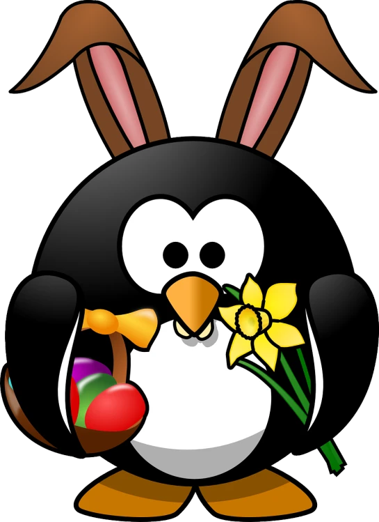 a penguin with bunny ears holding an easter egg, pixabay, sōsaku hanga, spring flowers, long thick shiny black beak, clip art, german