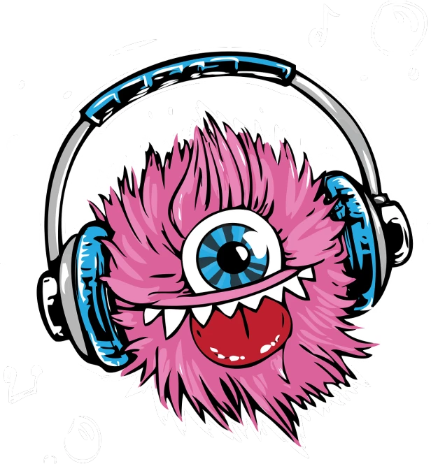a cartoon monster wearing headphones on a black background, behance contest winner, process art, pink eyes, fluffy!!!, created in adobe illustrator, dj set