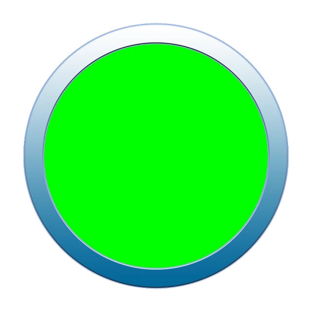 a green button on a black background, a computer rendering, computer art, 4k (blue)!!, shape of a circle, green screen background, silver and cool colors