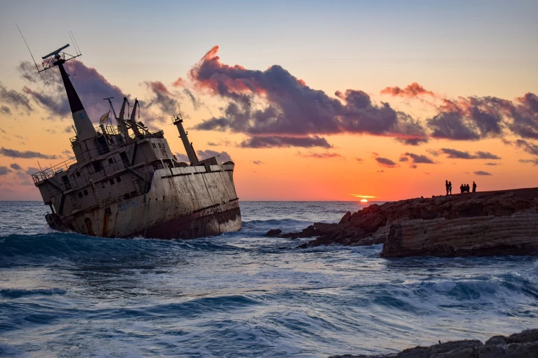 a ship sitting on top of a body of water, a picture, by Edwin Georgi, shutterstock, crumbling, at dusk!, atlantis, washed up