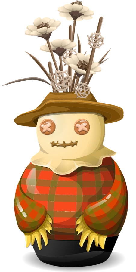a scare with a hat and flowers on his head, inspired by Muirhead Bone, pixabay contest winner, digital art, cereal mascot, bottom - view, farmer, doll