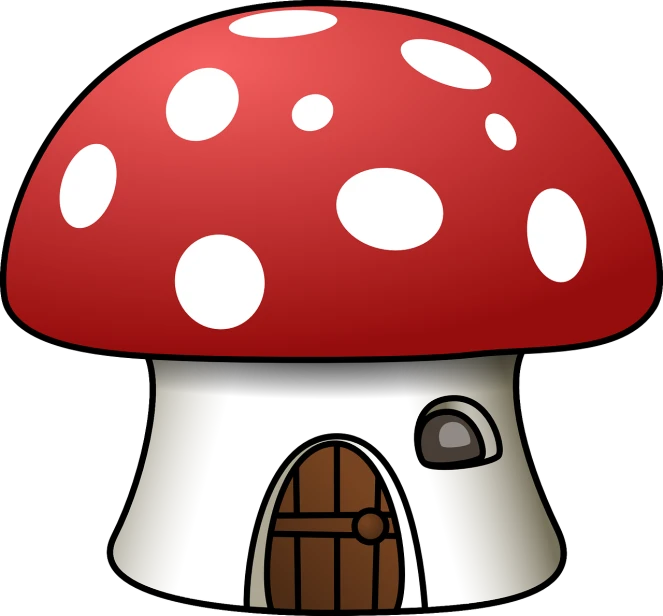 a mushroom house with a door in front of it, pixabay, digital art, rounded roof, it has a red and black paint, cell shaded cartoon, a dark