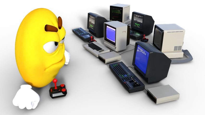 a banana that is standing in front of a bunch of computers, a computer rendering, inspired by Miyamoto, polycount contest winner, commodore 6 4, steam community, art depicting control freak, 3d model of a japanese mascot
