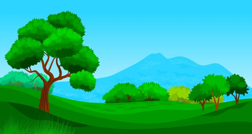 a green field with trees and mountains in the background, figuration libre, 4 k hd wallpaper illustration, no gradients, bright summer day, bushes and leafs