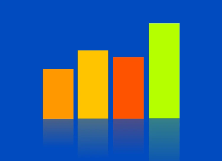 a colorful bar chart on a blue background, chartreuse and orange and cyan, high res photo, basic photo, set photo